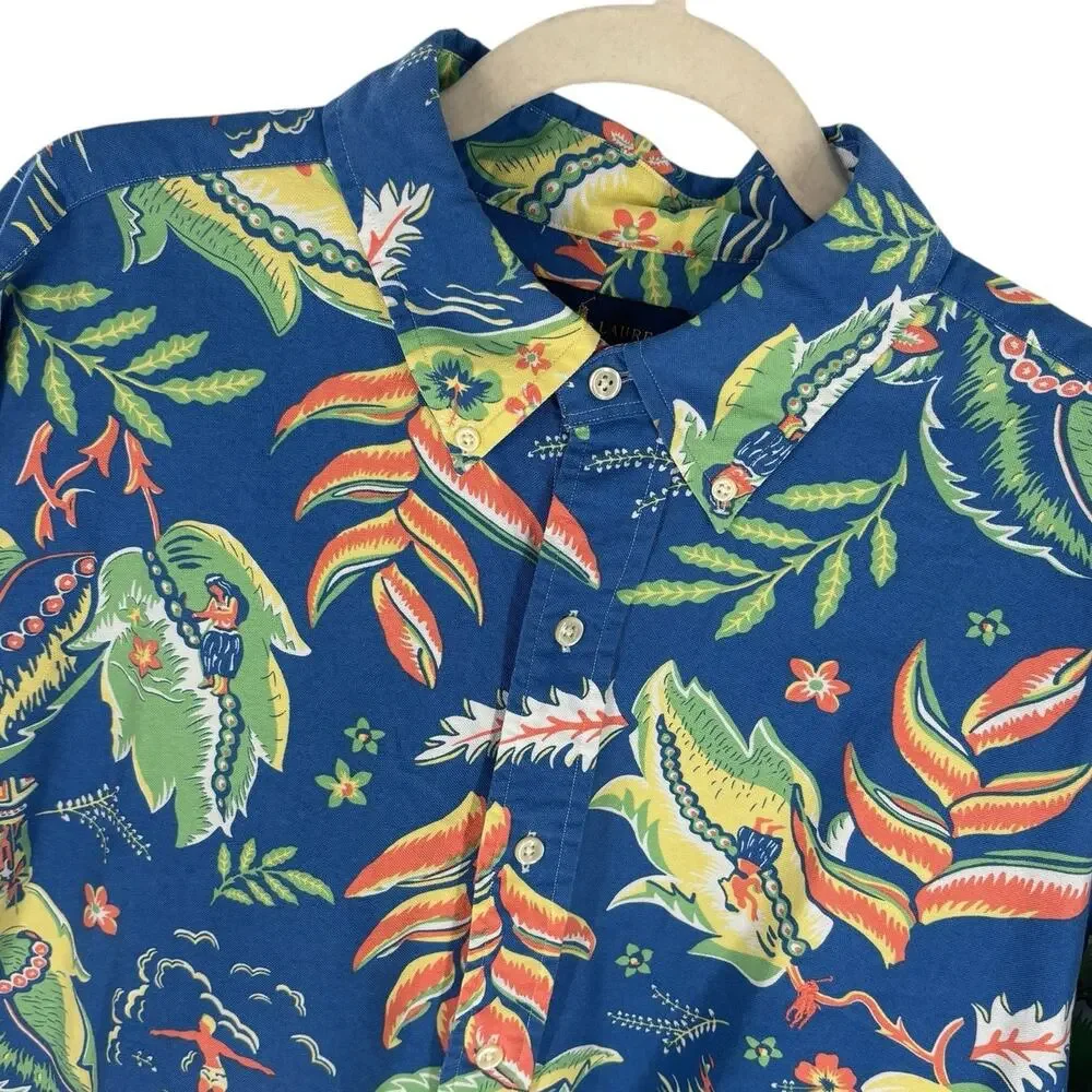 Ralph Lauren Blue Hawaiian Floral Tropical Button Down Shirt